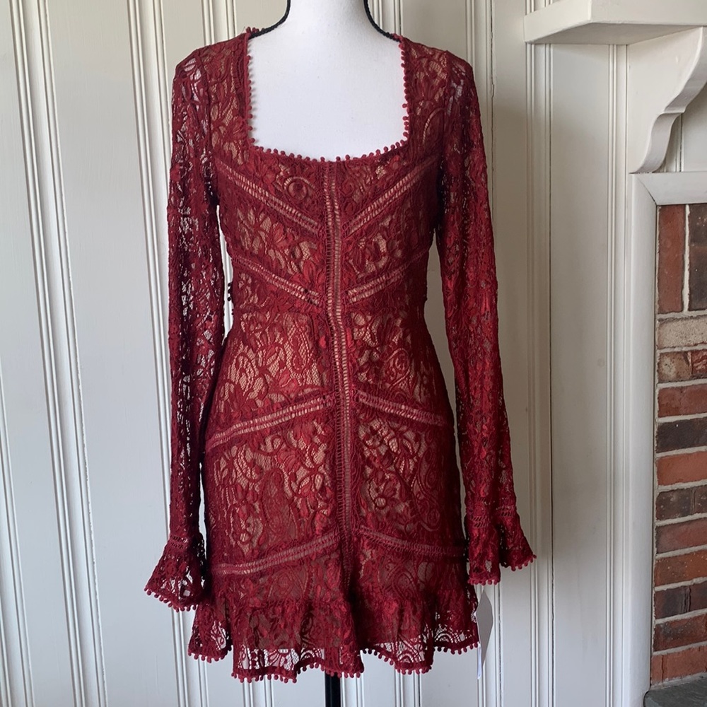 For Love & Lemons Lace Dress Size L Burgundy NWT
